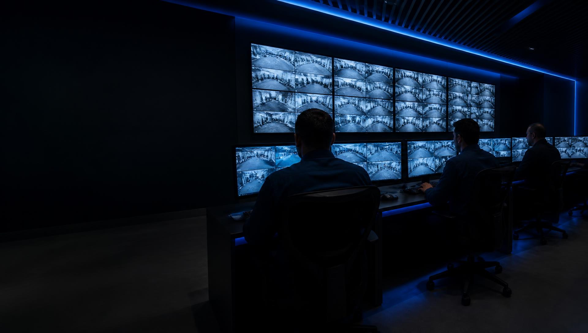 Central de monitoramento com operadores acompanhando câmeras de segurança